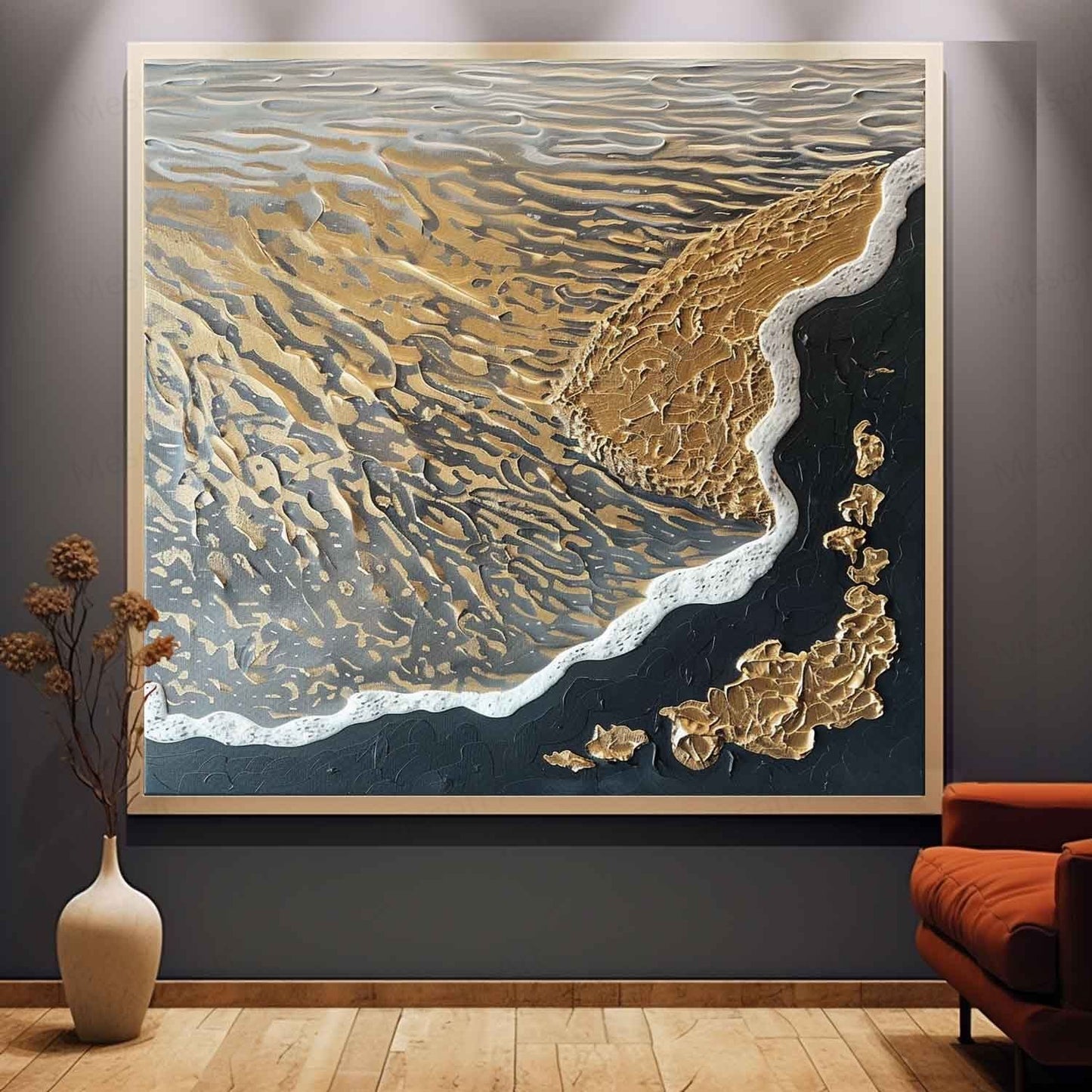 Textured Abstract Oil Painting of Waves and Shoreline in Gold and Black Tones