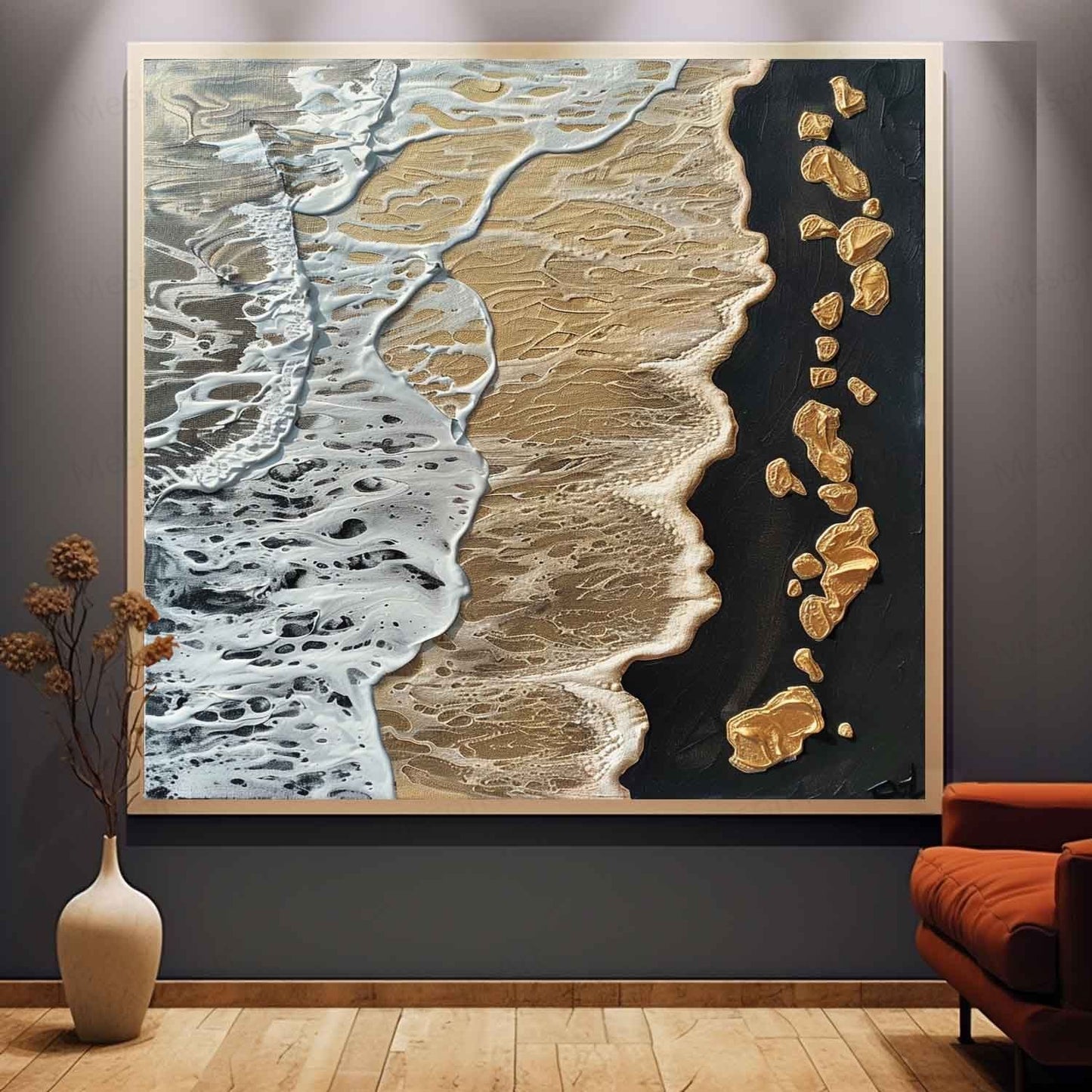 Textured Coastal Waves Oil Painting with Golden Accents for Modern Decor