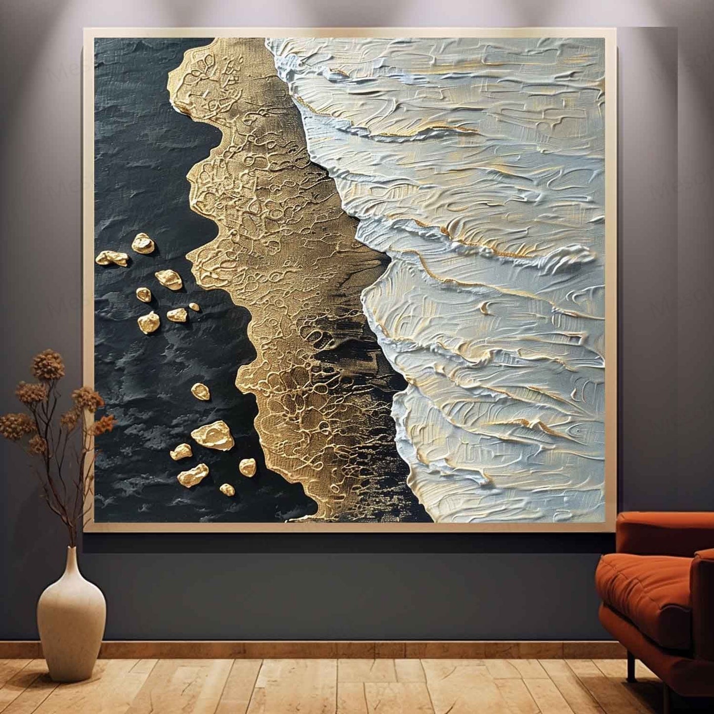 Textured Coastal Abstract Oil Painting with Gold and White Accents