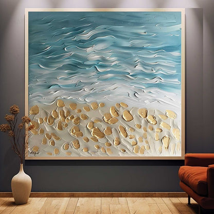 Coastal Serenity Textured Oil Painting with Waves and Golden Sand Accents