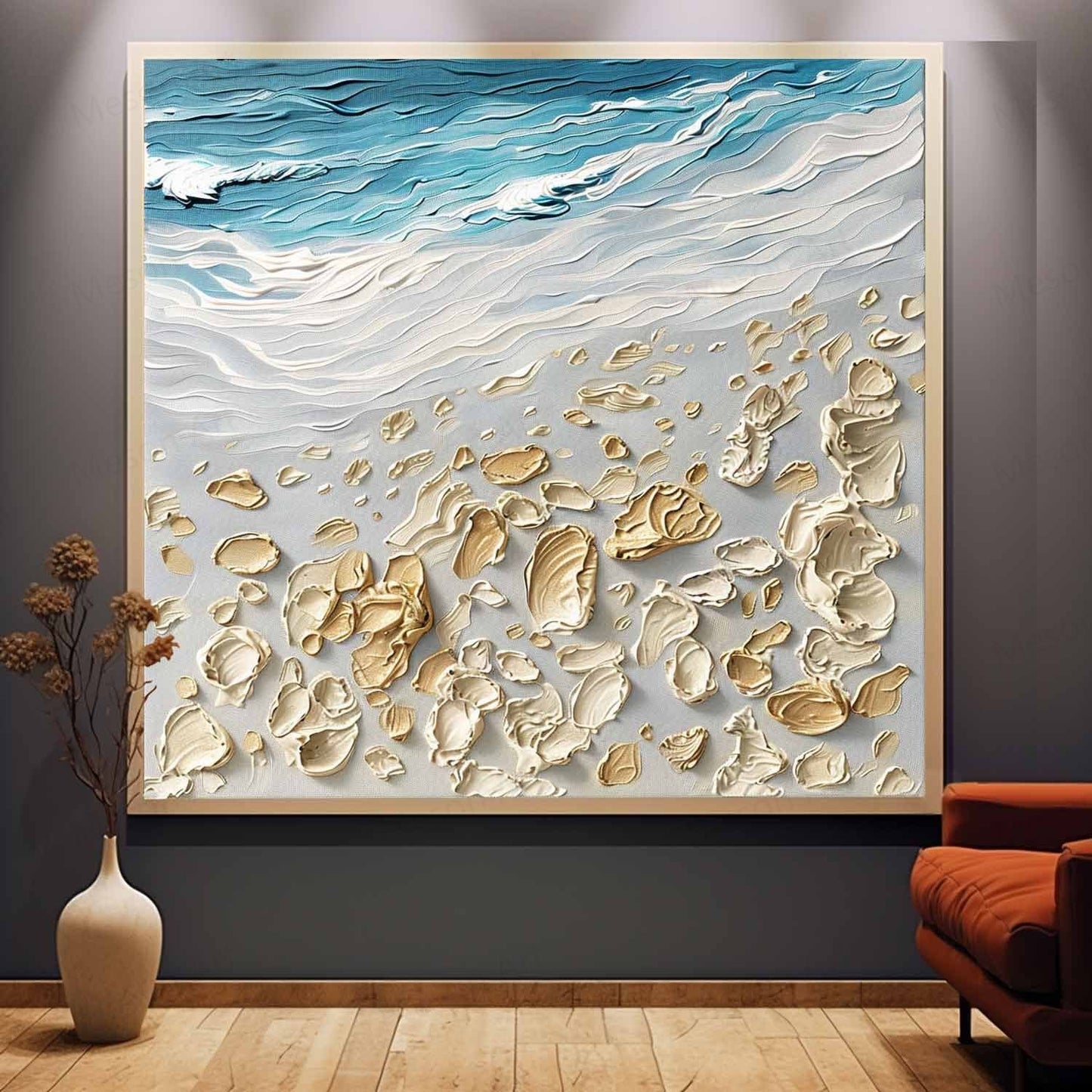 Textured Coastal Scene Oil Painting with Beach and Waves