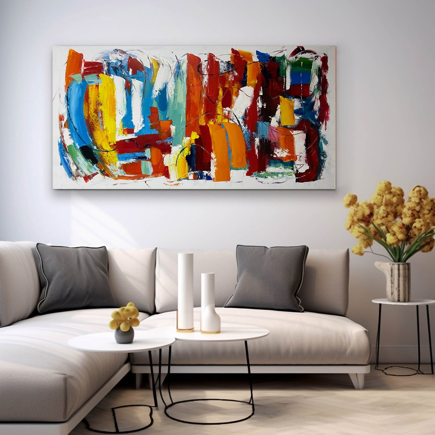 Vibrant Abstract Oil Painting with Bold Colors and Dynamic Brushstrokes for Home Decor