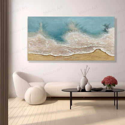 Coastal Serenity: Textured Oil Painting of Beach Waves and Sand