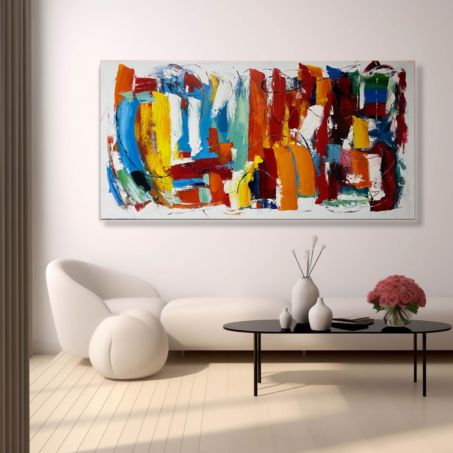 Vibrant Abstract Oil Painting with Bold Colors and Dynamic Brushstrokes for Home Decor