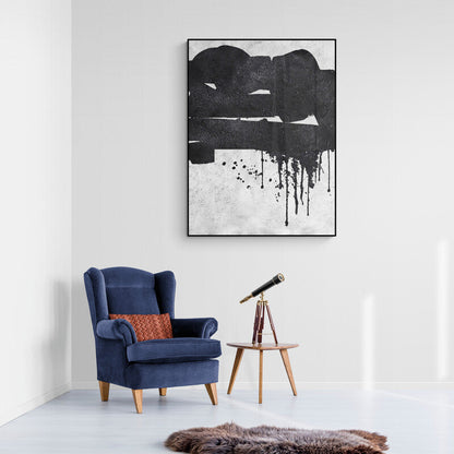 Abstract Black and White Oil Painting with Drips and Textured Canvas