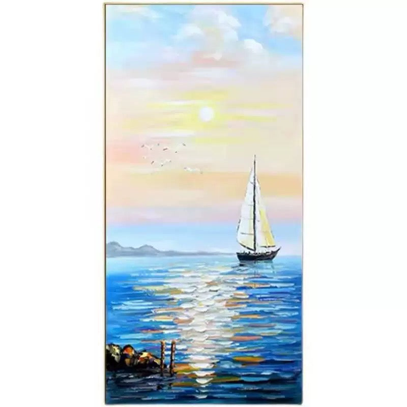 Serene Sailing at Sunset – Coastal Oil Painting for Nautical Decor