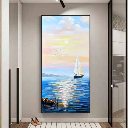 Serene Sailing at Sunset – Coastal Oil Painting for Nautical Decor