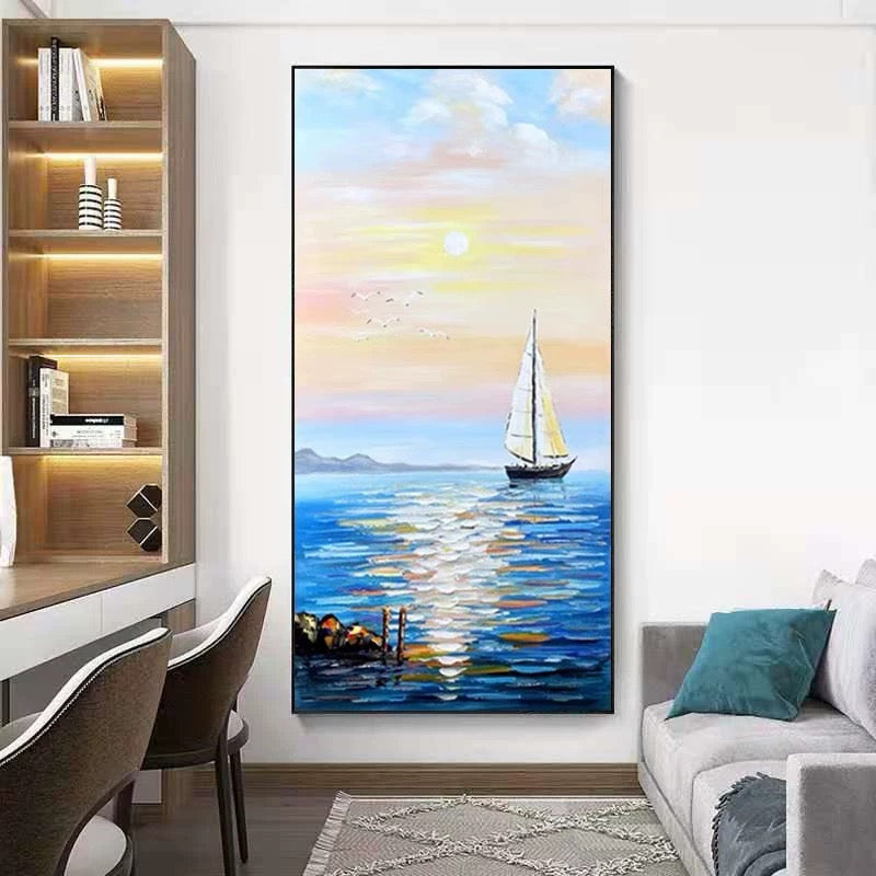 Serene Sailing at Sunset – Coastal Oil Painting for Nautical Decor