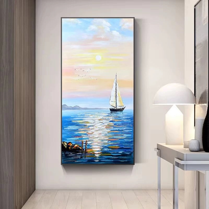 Serene Sailing at Sunset – Coastal Oil Painting for Nautical Decor