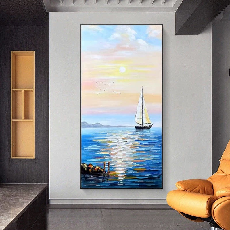 Serene Sailing at Sunset – Coastal Oil Painting for Nautical Decor