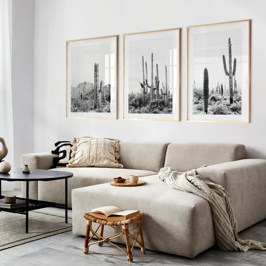 Black and White Saguaro Cactus Triptych - Modern Nature Wall Art for Home Decor