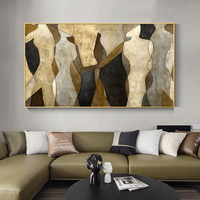 Abstract Elegance: Contemporary Oil Painting of Human Silhouettes in Earthy Tones