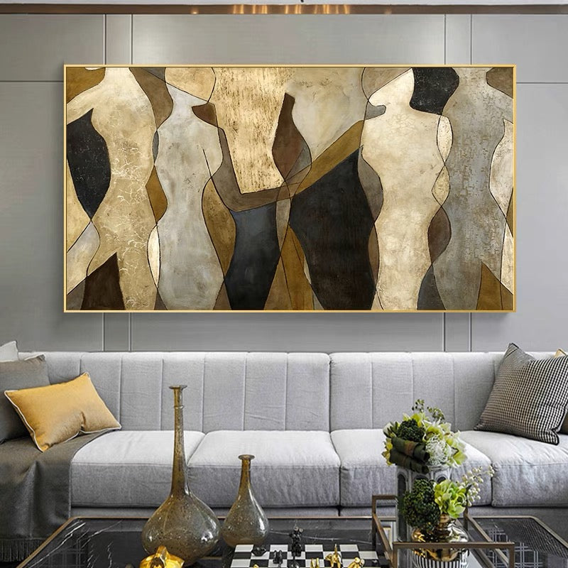 Abstract Elegance: Contemporary Oil Painting of Human Silhouettes in Earthy Tones