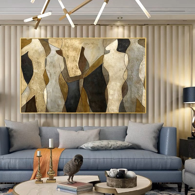 Abstract Elegance: Contemporary Oil Painting of Human Silhouettes in Earthy Tones