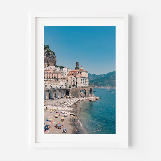 Coastal Serenity: Stunning Oil Painting of Atrani Beach and Charming Italian Village