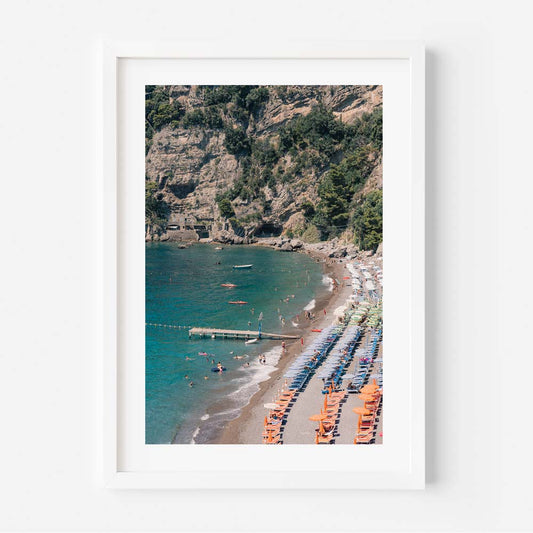 Vibrant Fornillo Beach Oil Painting – Coastal Serenity and Colorful Sun Loungers