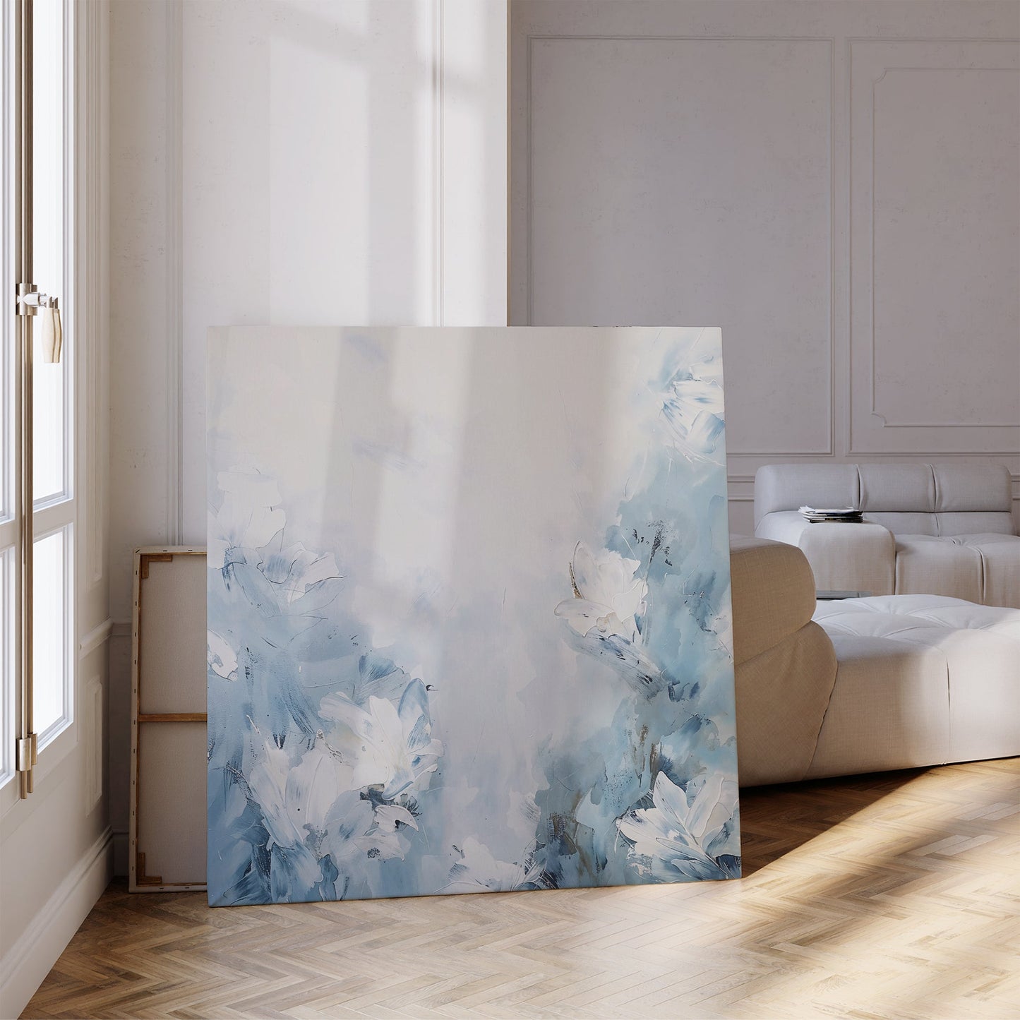 Serene Blue Floral Abstract Oil Painting for Modern Home Decor