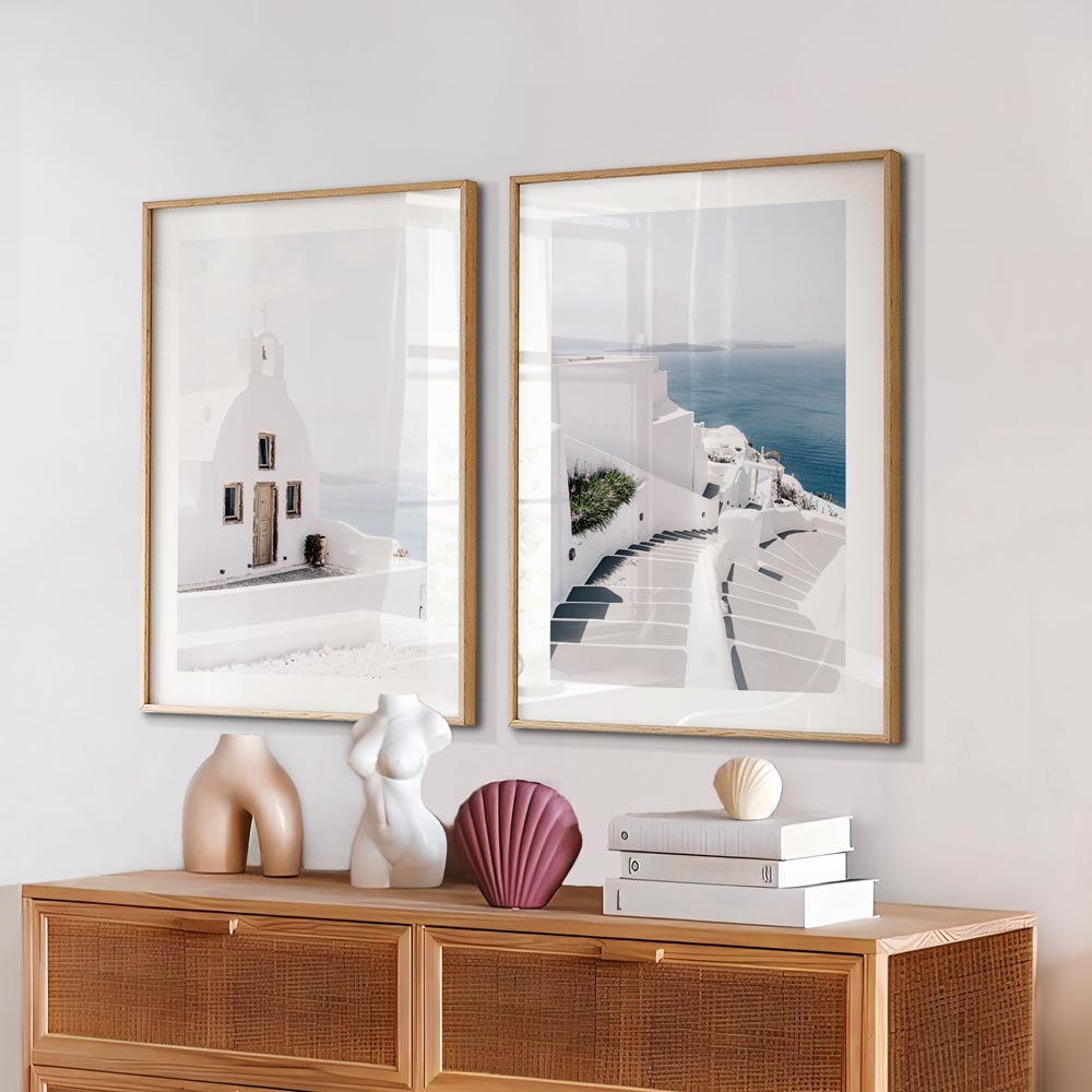 Serene Coastal Steps: Beautiful Oil Painting of Santorini's Stunning Views