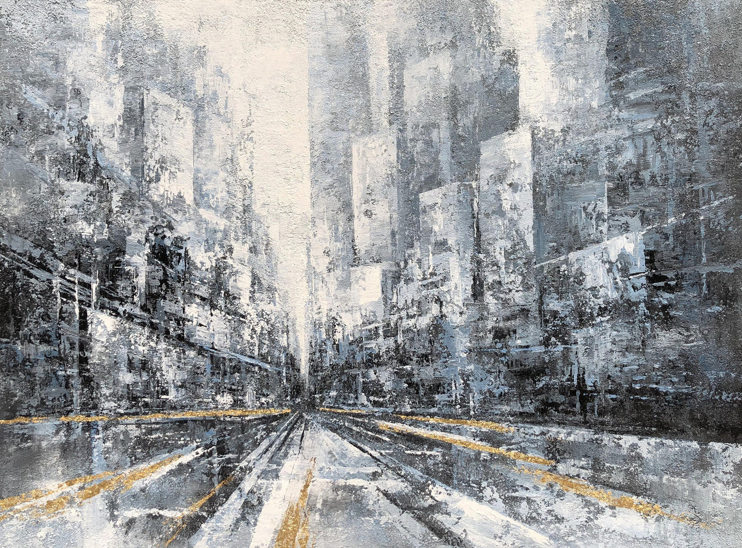 Urban Dreamscape: Modern Abstract Oil Painting of a City Skyline in Gray and Gold