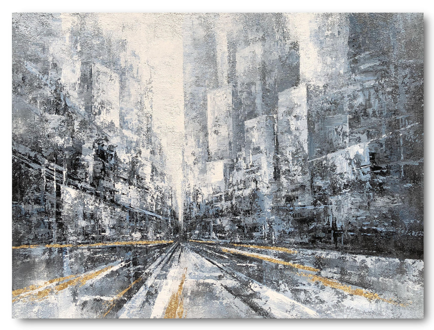 Urban Dreamscape: Modern Abstract Oil Painting of a City Skyline in Gray and Gold