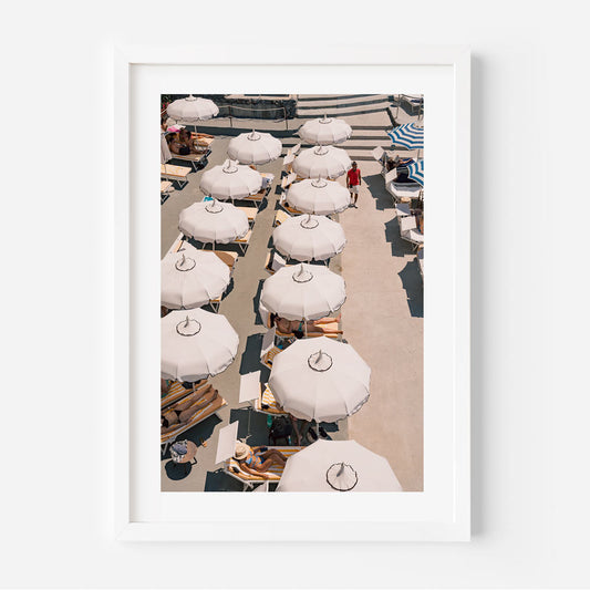 Tranquil Beach Loungers Under Sun Umbrellas – Summer Vibes Oil Painting