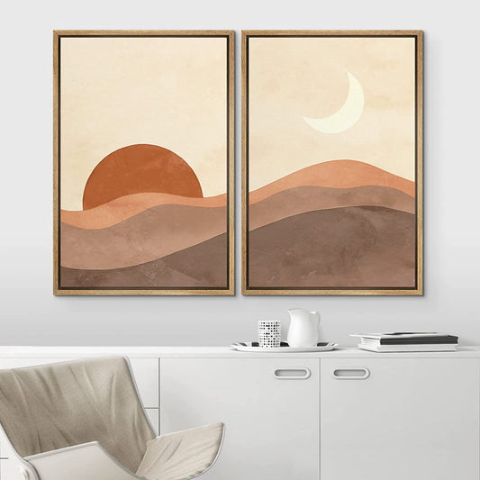 Modern Sun and Moon Minimalist Landscape Canvas Art for Boho Home Decor