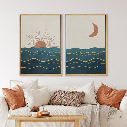 Sunrise and Crescent Moon Over Teal Ocean Waves Wall Art Set