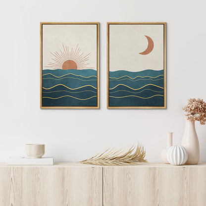 Sunrise and Crescent Moon Over Teal Ocean Waves Wall Art Set