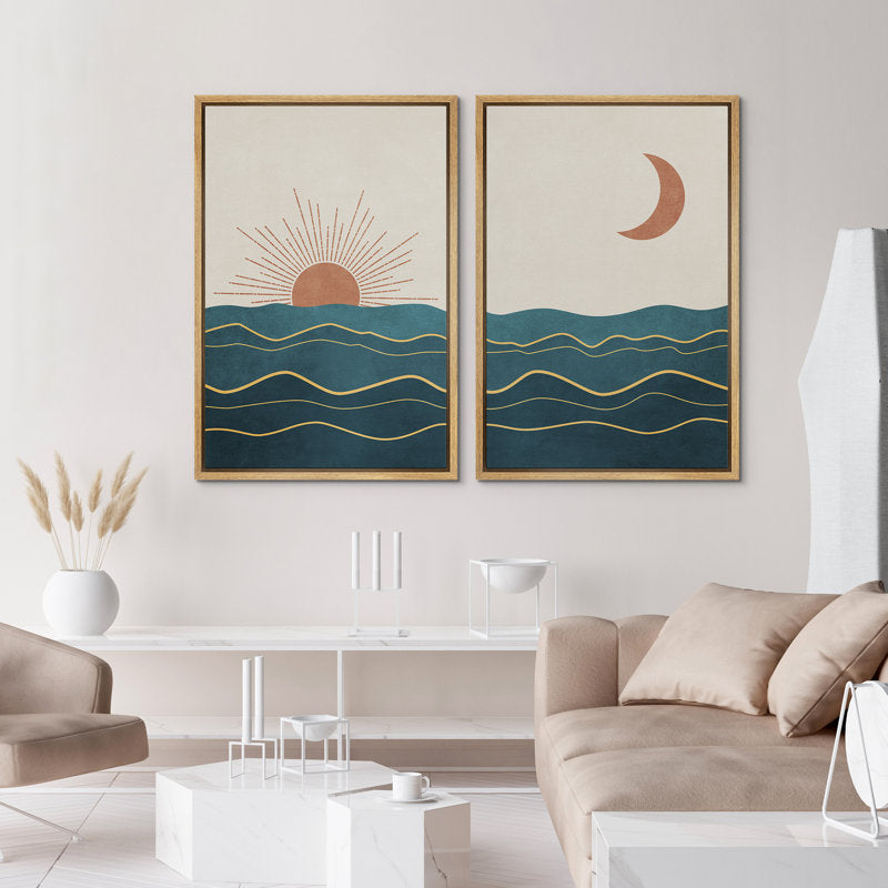 Sunrise and Crescent Moon Over Teal Ocean Waves Wall Art Set