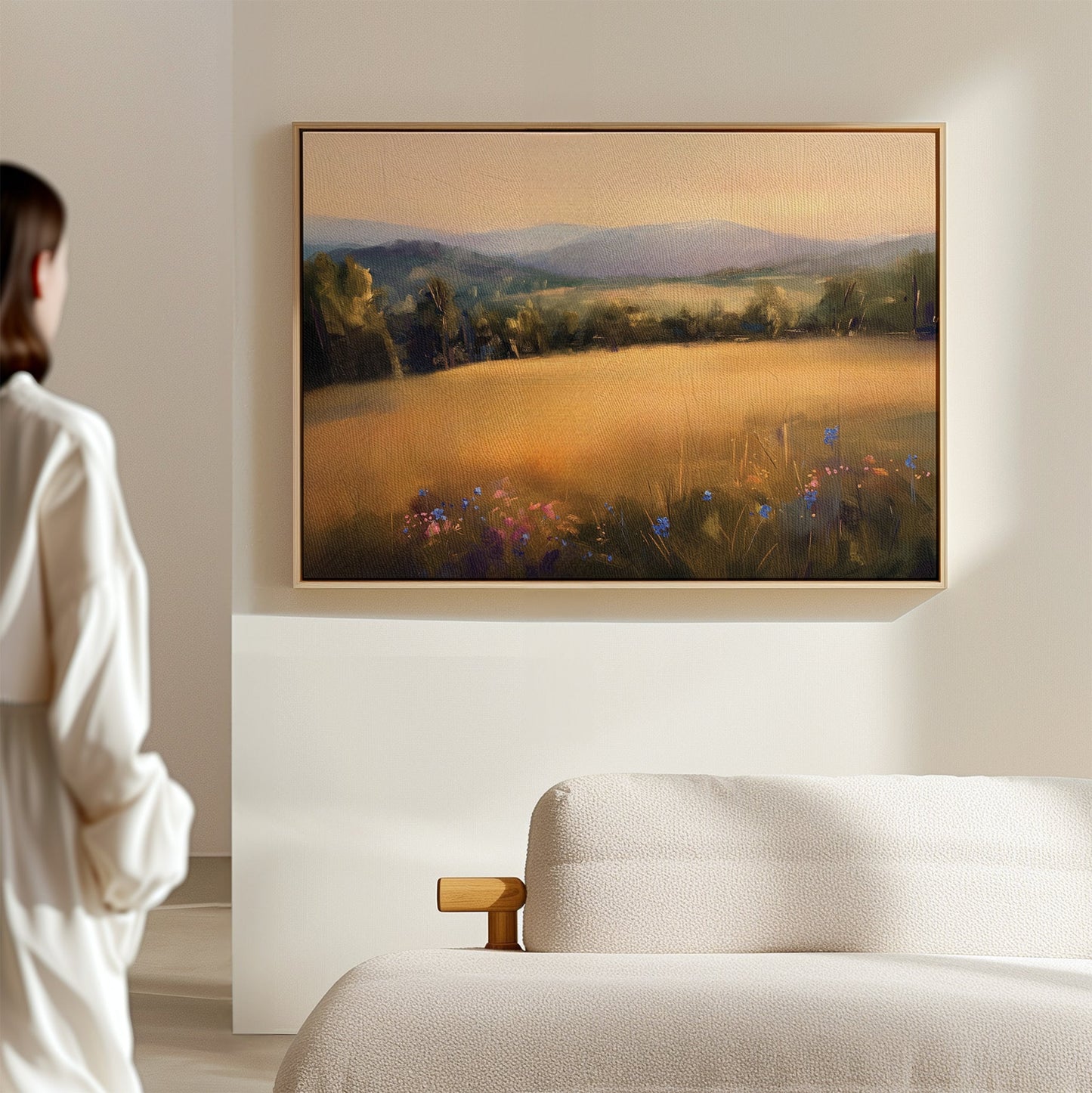 Sunlit Landscape Oil Painting with Golden Fields and Vibrant Flowers