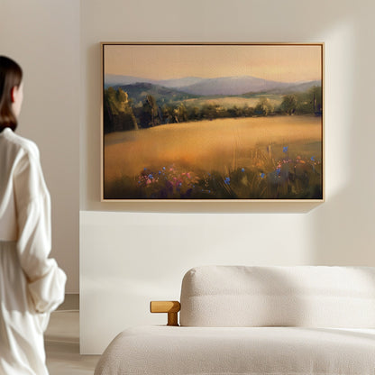 Sunlit Landscape Oil Painting with Golden Fields and Vibrant Flowers