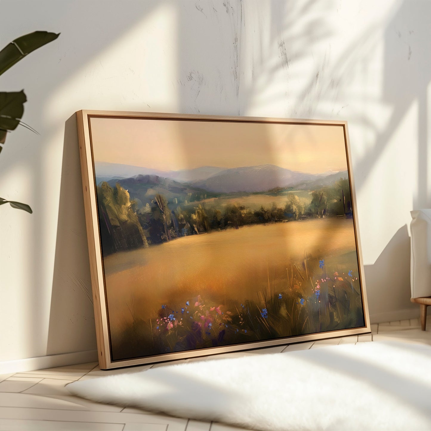 Sunlit Landscape Oil Painting with Golden Fields and Vibrant Flowers