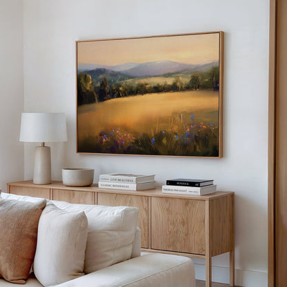 Sunlit Landscape Oil Painting with Golden Fields and Vibrant Flowers