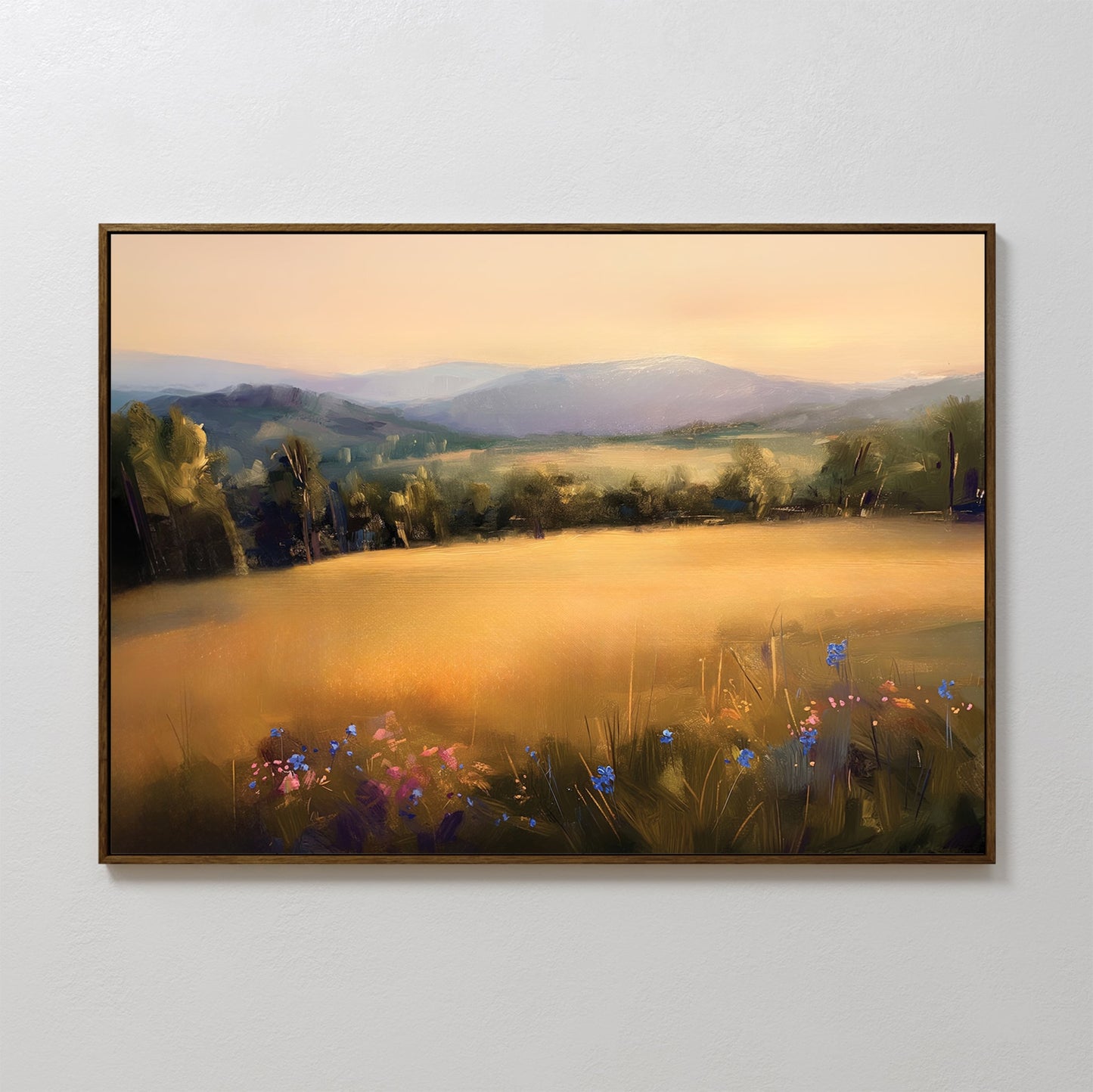 Sunlit Landscape Oil Painting with Golden Fields and Vibrant Flowers