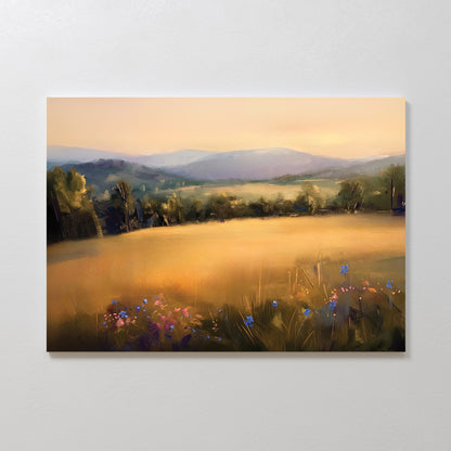 Sunlit Landscape Oil Painting with Golden Fields and Vibrant Flowers