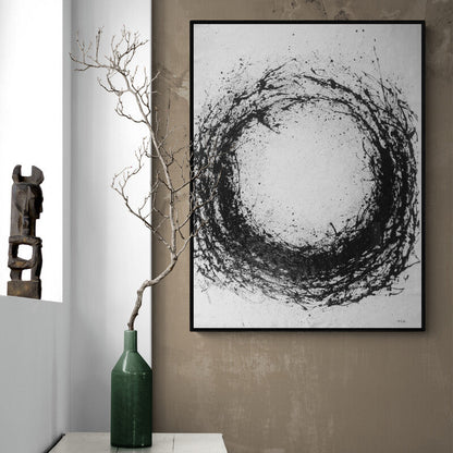 Abstract Black and White Circular Oil Painting for Modern Home Decor