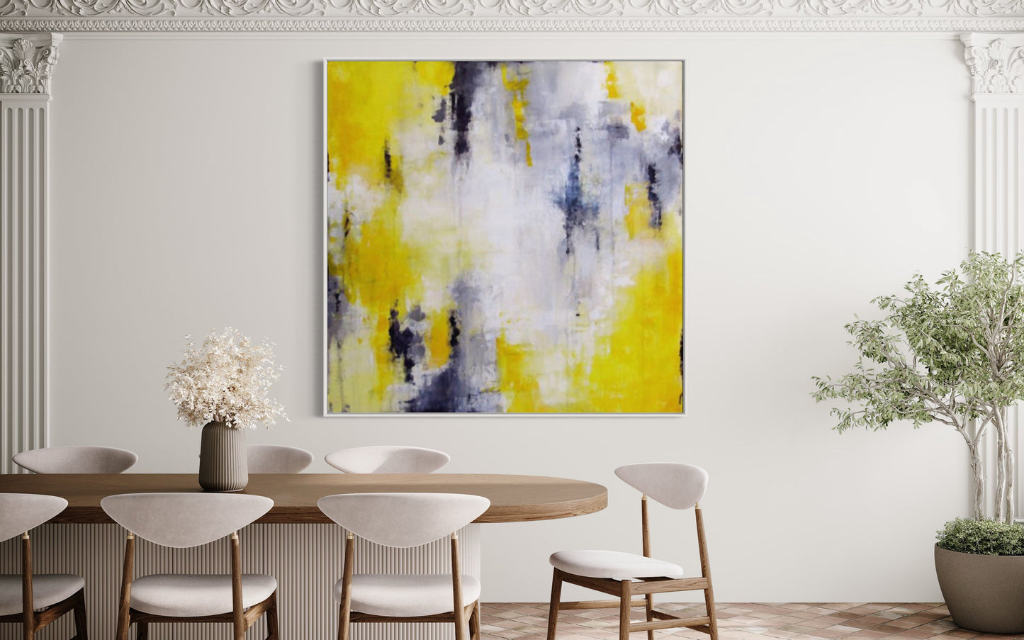 Vibrant Abstract Oil Painting in Yellow and Gray for Modern Home Décor