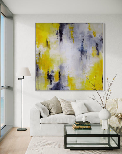 Vibrant Abstract Oil Painting in Yellow and Gray for Modern Home Décor