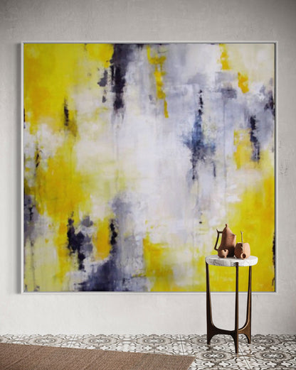 Vibrant Abstract Oil Painting in Yellow and Gray for Modern Home Décor