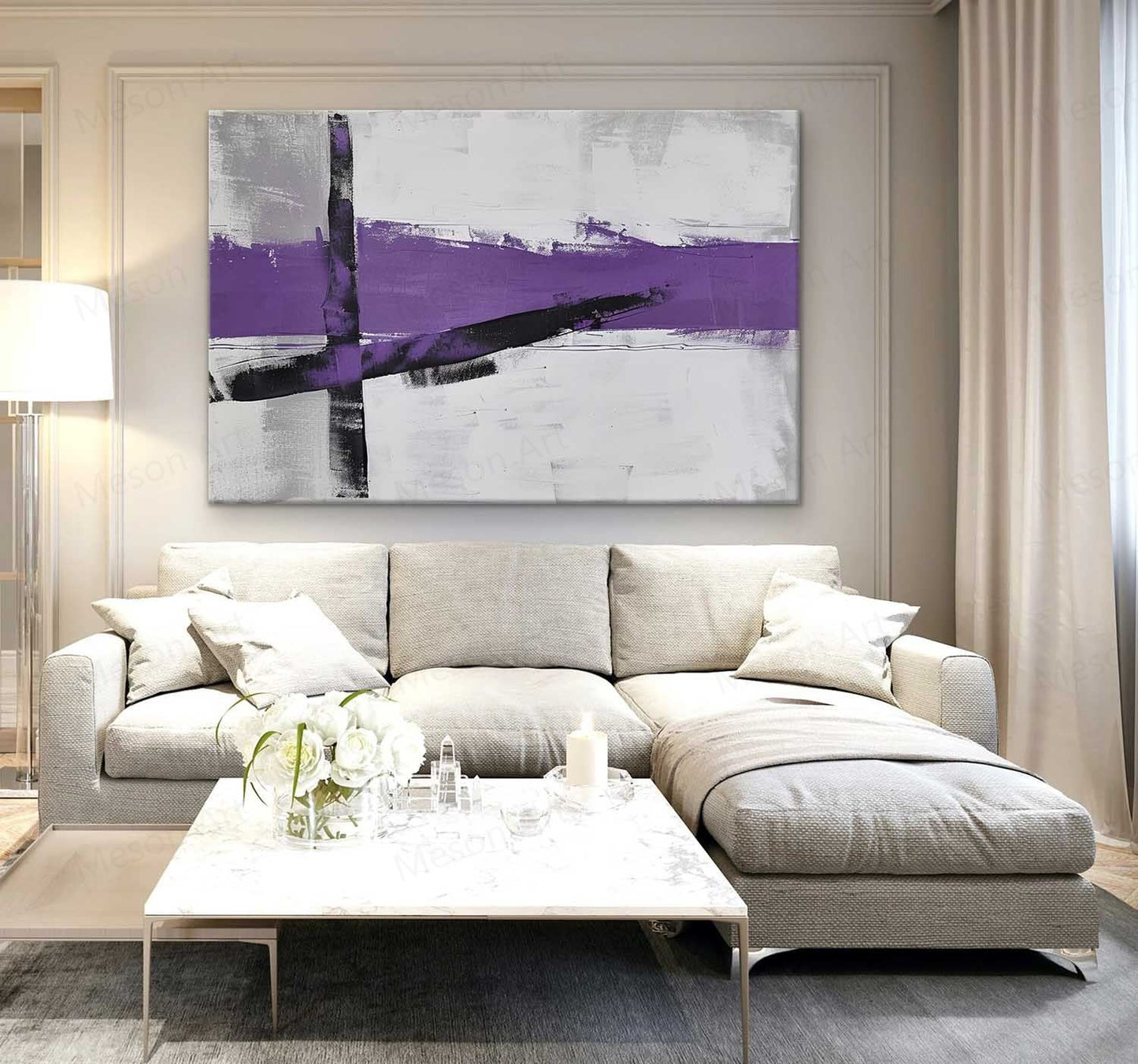 Abstract Purple Lines on Neutral Background - Elegant Modern Wall Art