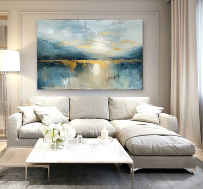 Serene Blue Landscape Oil Painting with Glimmering Gold Accents for Modern Decor