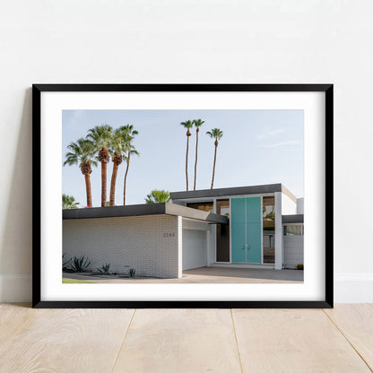 Serene Blue Door Oil Painting with Palm Trees and Modern Architecture