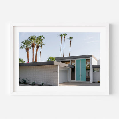 Serene Blue Door Oil Painting with Palm Trees and Modern Architecture