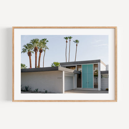 Serene Blue Door Oil Painting with Palm Trees and Modern Architecture