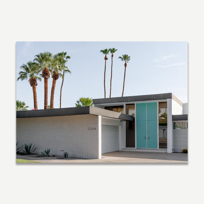 Serene Blue Door Oil Painting with Palm Trees and Modern Architecture