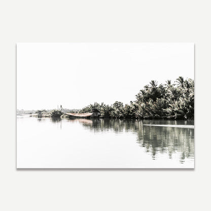 Tranquil Riverbank Landscape with Lush Palm Trees and Serene Waters