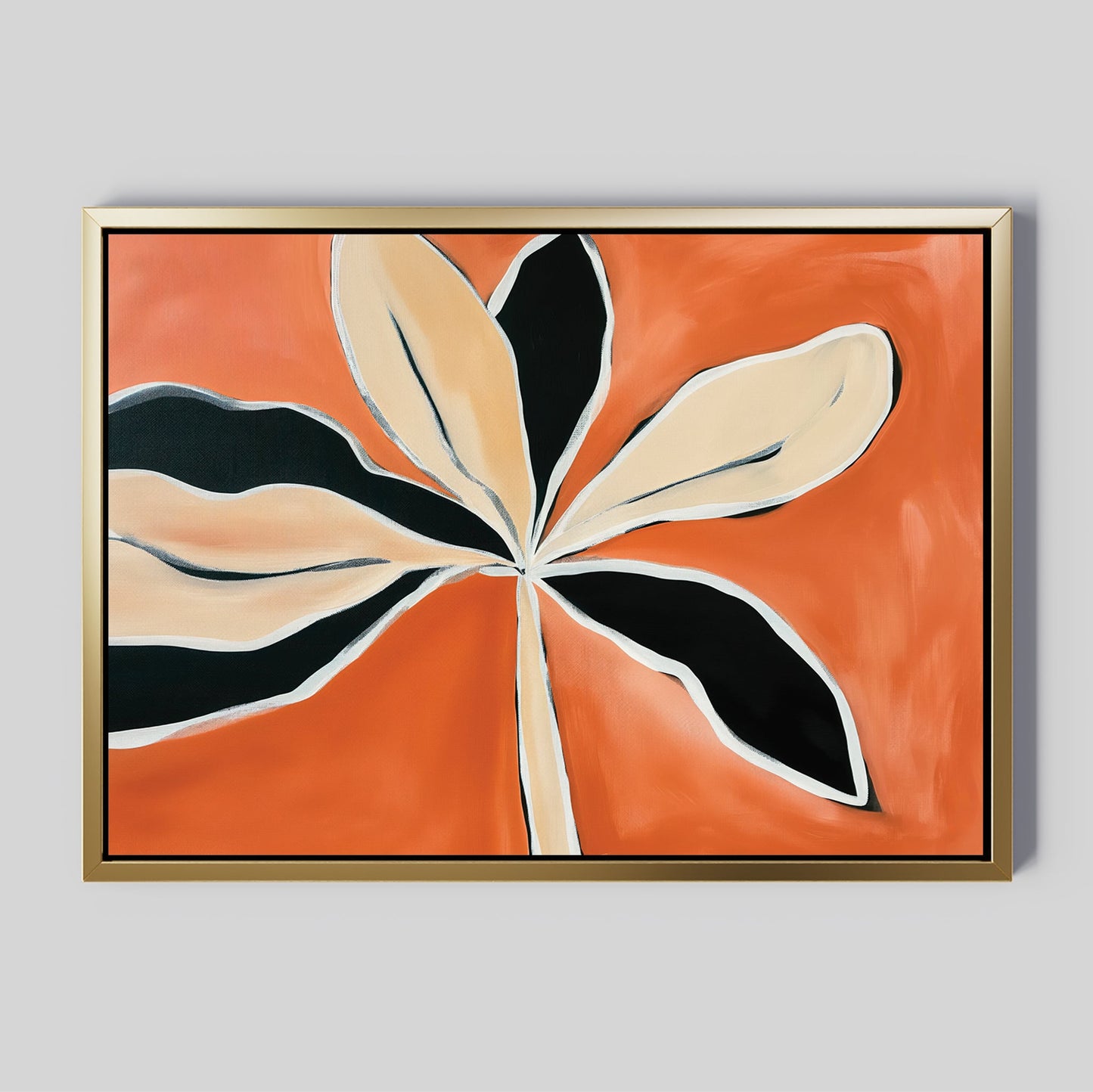 Vibrant Abstract Oil Painting of Leafy Flora on Warm Orange Canvas