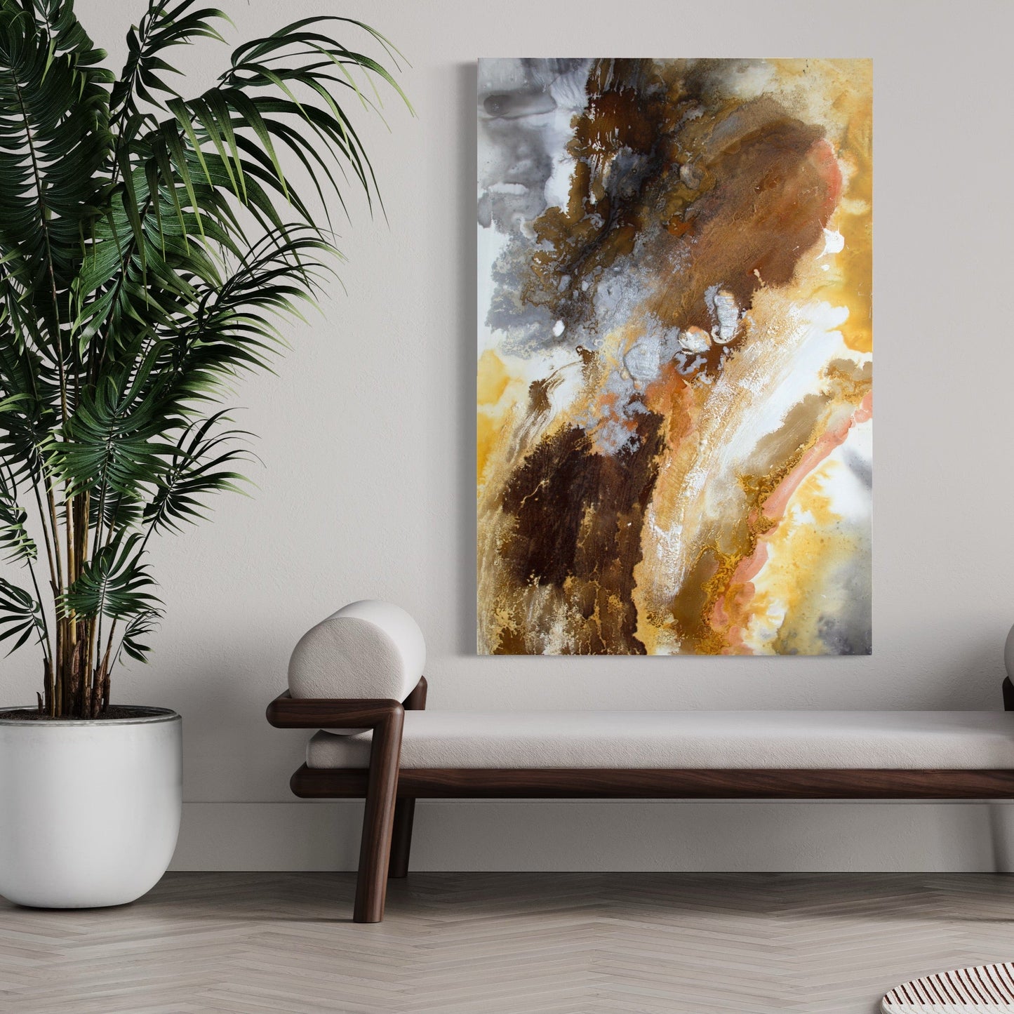 Abstract Oil Painting of Earthy Tones and Ethereal Swirls for Modern Decor