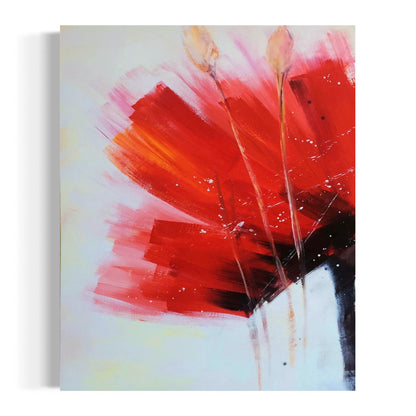 Vibrant Red Floral Abstract Oil Painting with Dynamic Brushstrokes