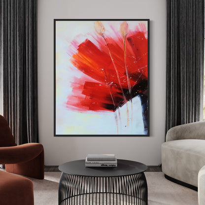 Vibrant Red Floral Abstract Oil Painting with Dynamic Brushstrokes